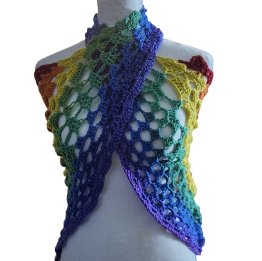 Rainbow Crochet Head Cover Bandana Prayer Wrap OOAK 14-in-1 Handmade Grannycore - Picture 10 of 17